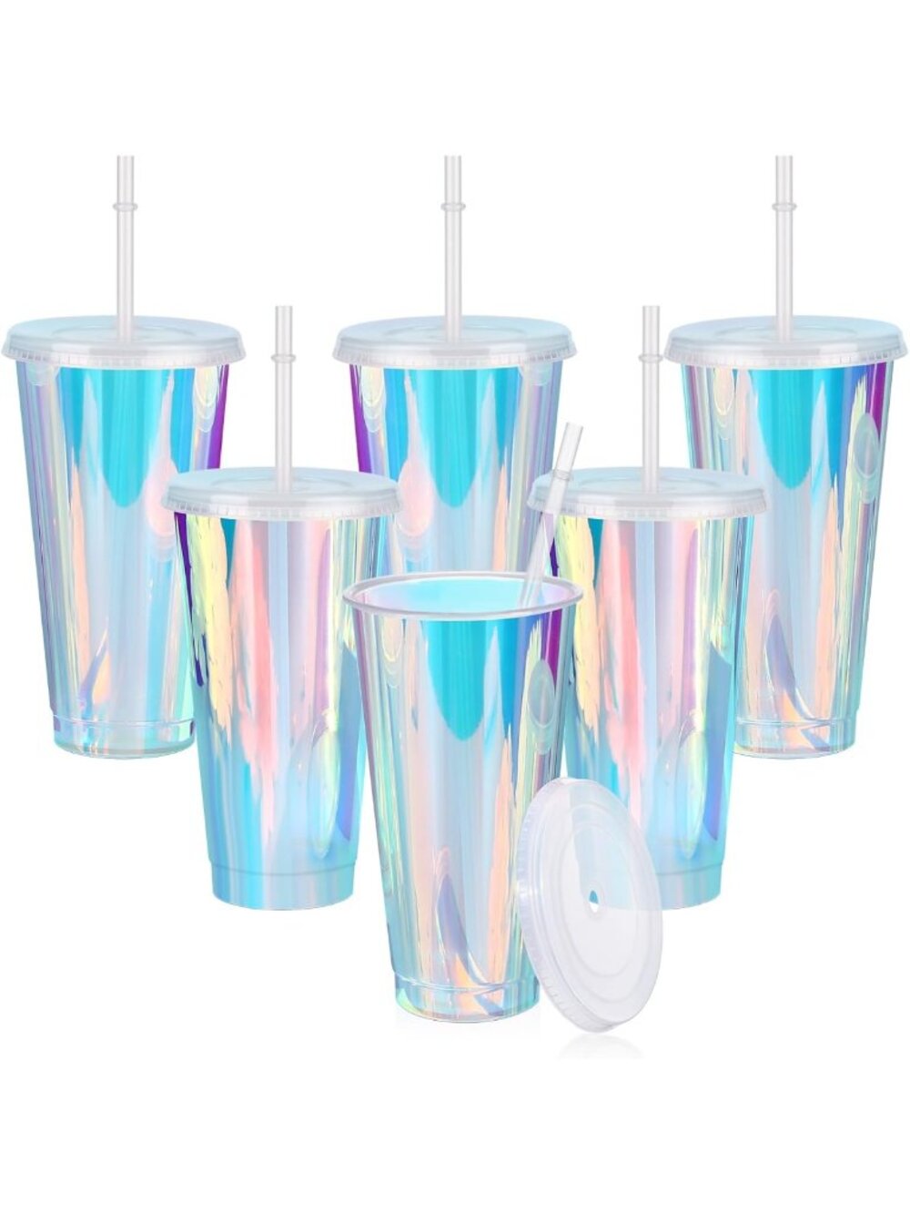 Iridescent Reusable Plastic Cups with Lids & Straws - 24oz, Set of 6